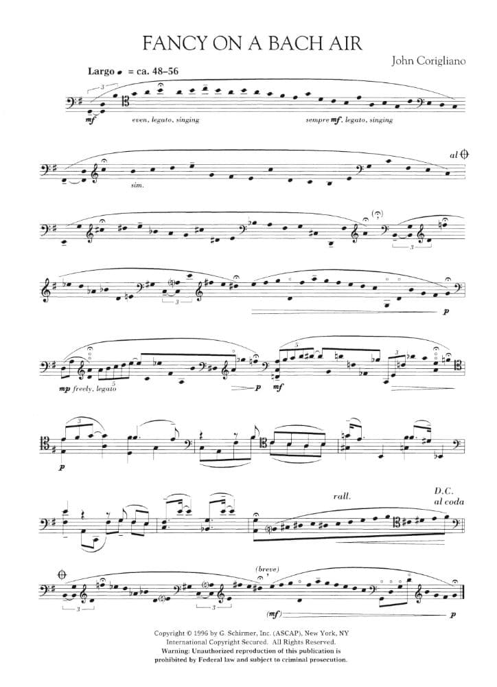 Corigliano, John - Fancy On a Bach Air - Solo Cello - G Schirmer Edition - Image 2