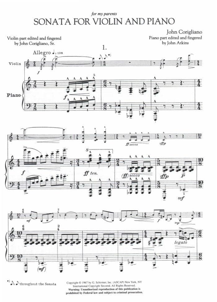 Corigliano, John - Sonata for Violin and Piano - edited by John Corigliano, Sr - G Schirmer Edition - Image 3