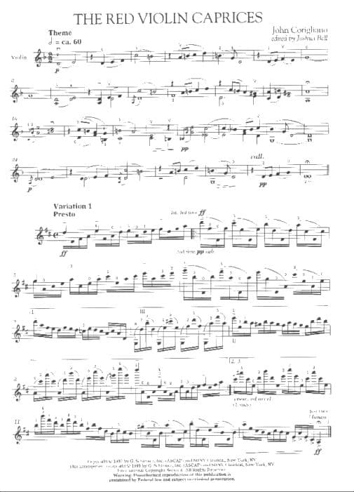 Corigliano, John - The Red Violin Caprices for Solo Violin - edited by Joshua Bell - published Schirmer Edition - Image 2