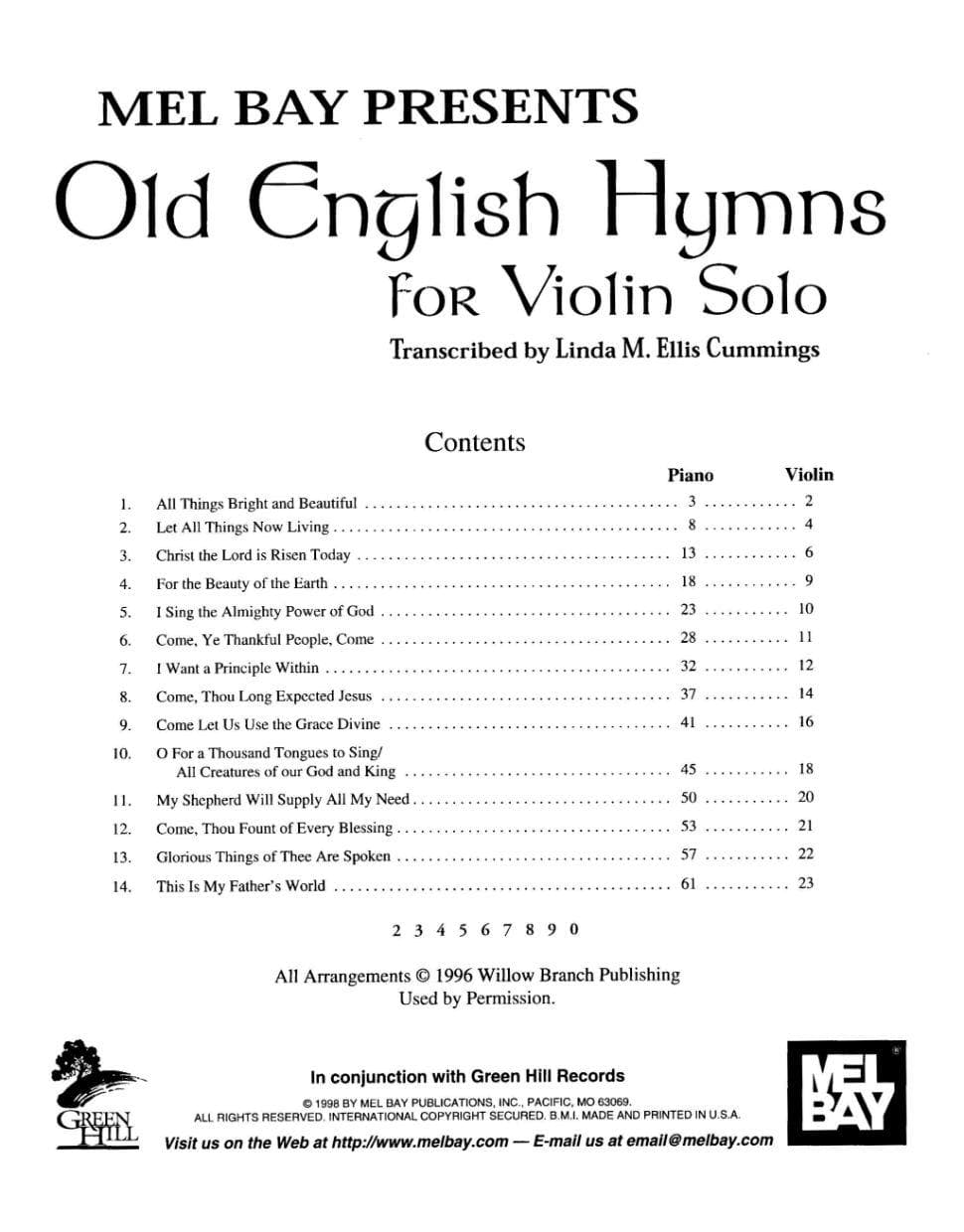Ellis Cummings, Linda M - Old English Hymns for Solo Violin with Piano Accompaniment - Book/Online Audio - Mel Bay Publication - Image 2