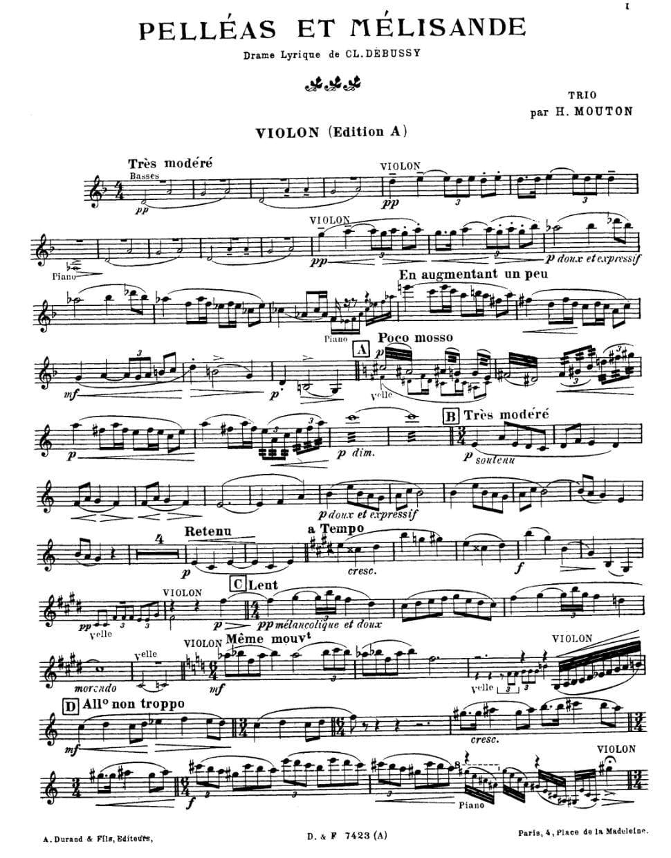 Debussy, Claude - Pelleas et Melisande, Arranged by H Mouton for Piano Trio (Violin, Cello, Piano), with optional Clarinet and Bass parts Published by Lauren Publications - Image 2