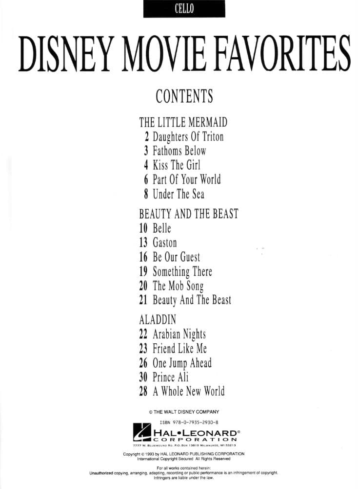 Disney Movie Favorites - Cello solo - Hal Leonard Publication - Image 2