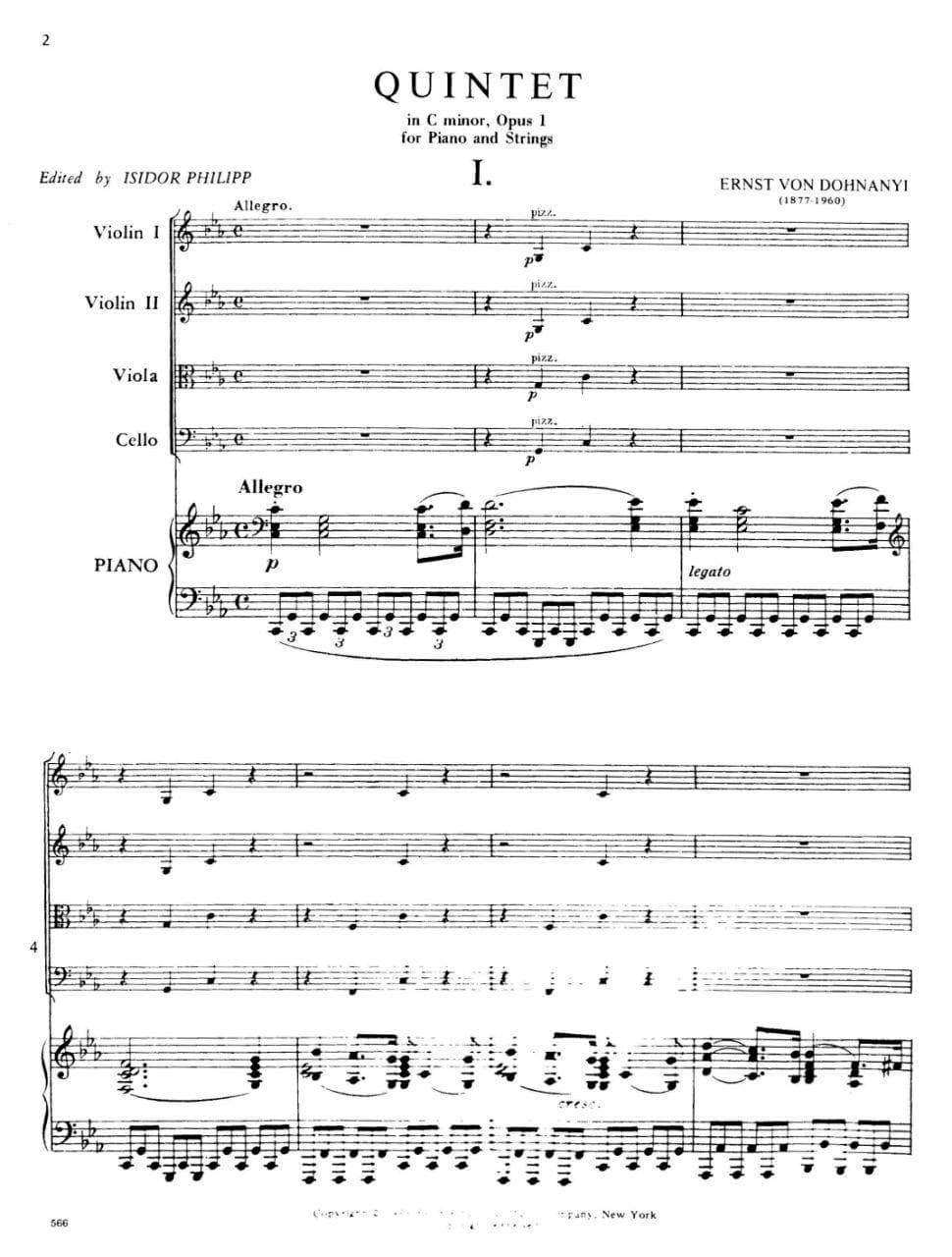 Dohnányi, Ernö - Piano Quintet No 1 in c minor, Op 1 - Two Violins, Viola, Cello, and Piano - edited by Isidor Philipp - International Edition - Image 2