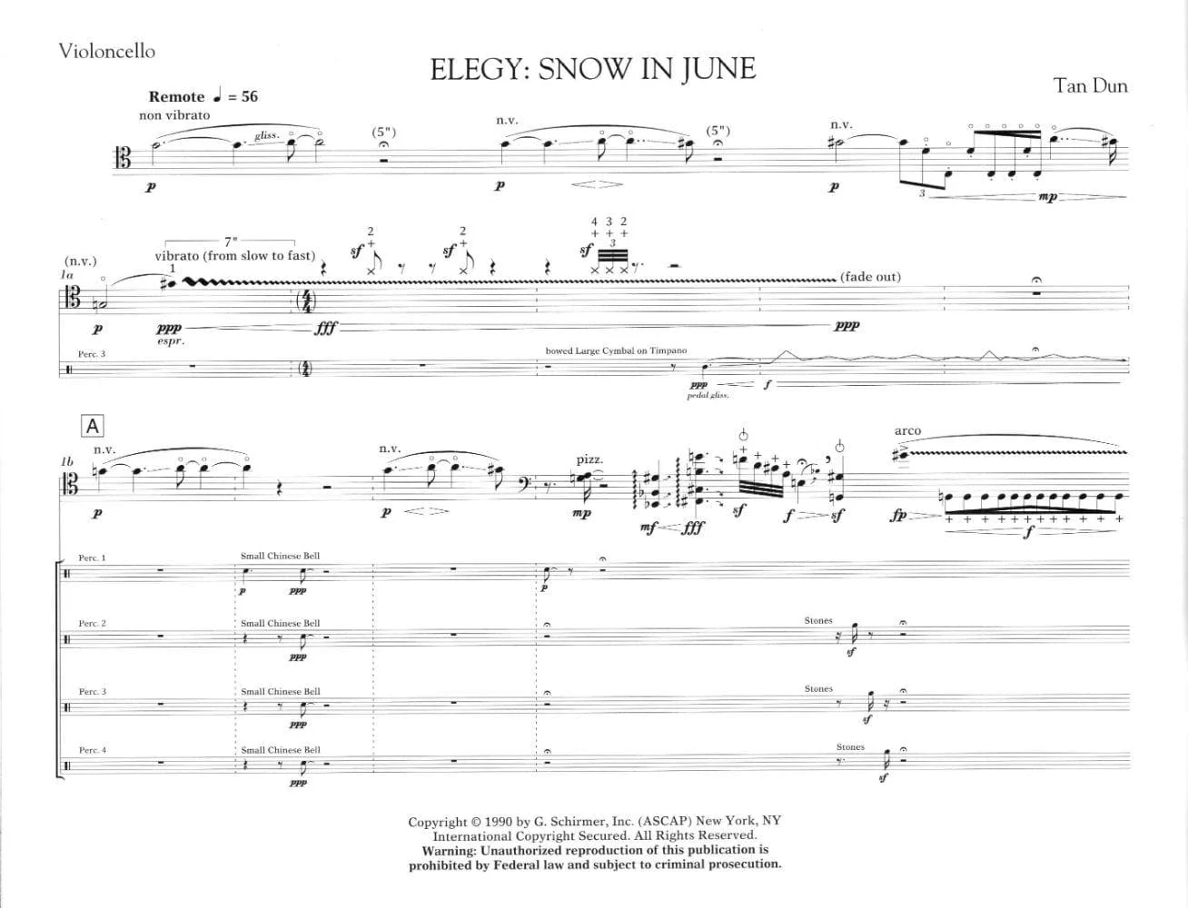 Dun, Tan - Elegy: Snow In June - Concerto for Cello and 4 Percussionists - Score and Parts - G Schirmer Edition - Image 2