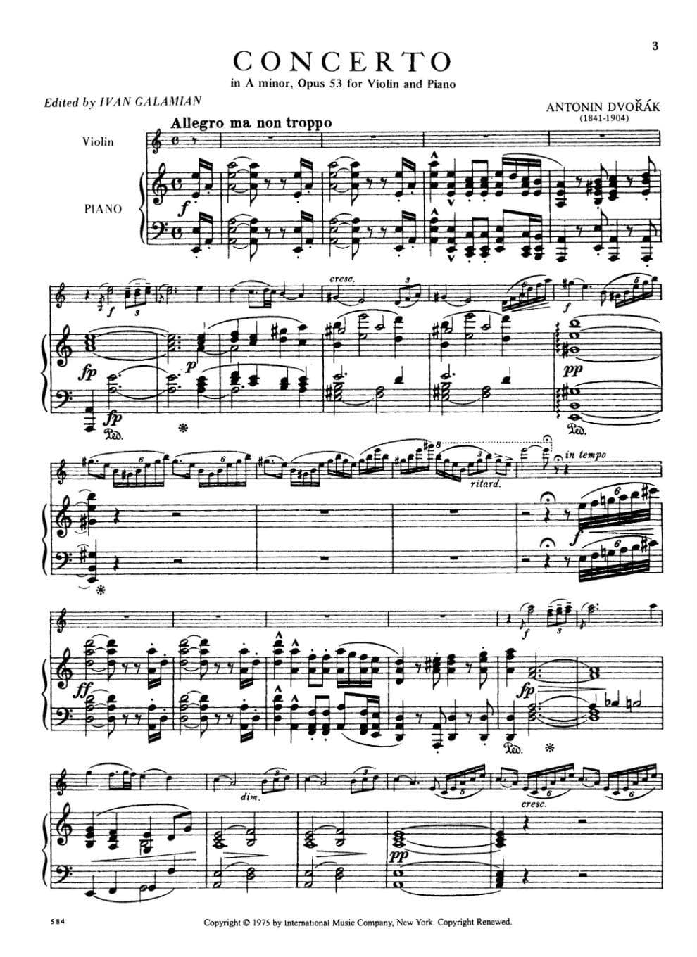Dvorák, Antonín - Concerto in a minor, Op 53 - Violin and Piano - edited by Ivan Galamian - International Music Co - Image 2