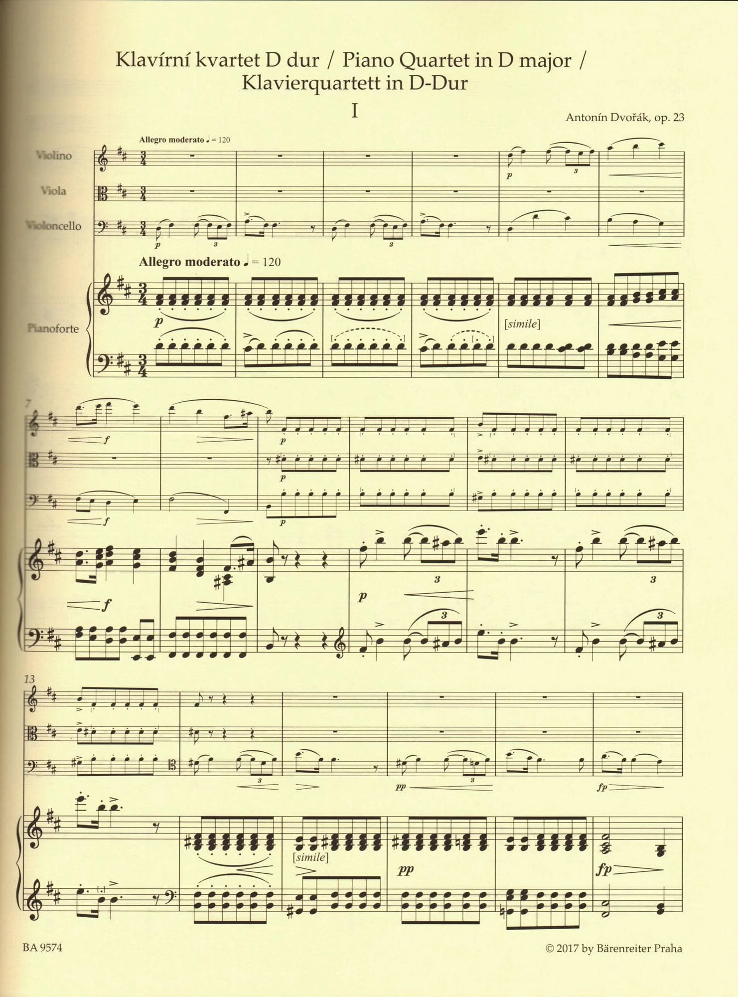 Dvorak, Antonin - Piano Quartet in D major, op. 23 - for Violin, Viola, Cello, and Piano - edited by Robin Tait - Barenreiter URTEXT - Image 11