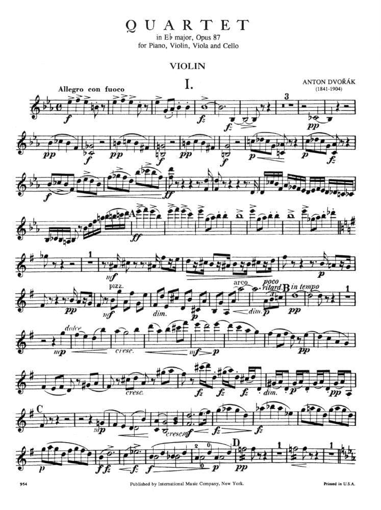 Dvorák, Antonín - Piano Quartet No 2 in E-flat Major, Op 87 - Violin, Viola, Cello, and Piano - parts only - International Edition - Image 2