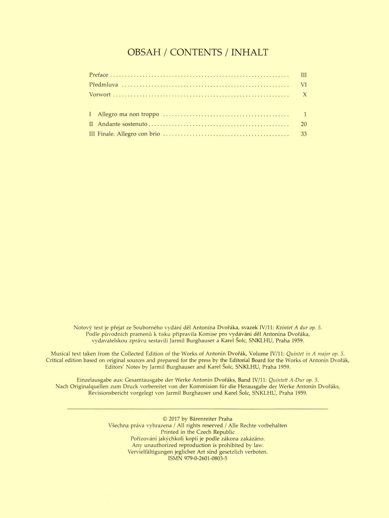 Dvorak, Antonin - Piano Quintet in A major, op. 5 - for Two Violins, Viola, Cello, and Piano - edited by Burghauser and Solc - Barenreiter URTEXT - Image 3