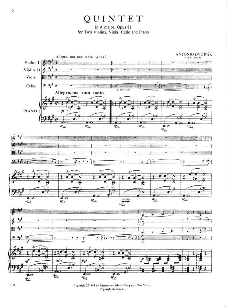 Dvorák, Antonín - Piano Quintet In A Major, Op 81 - Two Violins, Viola, Cello, and Piano - International Edition - Image 2