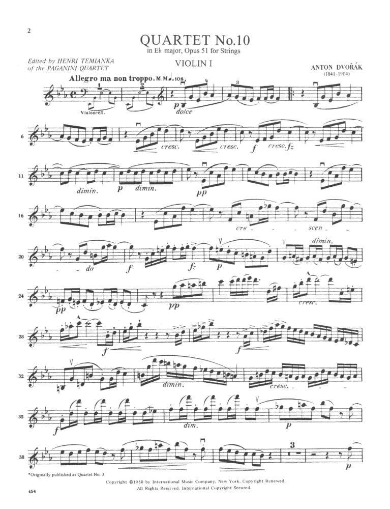 Dvorák, Antonín - Quartet No10 In E-Flat Major, Op 51 - Two Violins, Viola, and Cello - edited by the Paganini Quartet - International Edition - Image 2