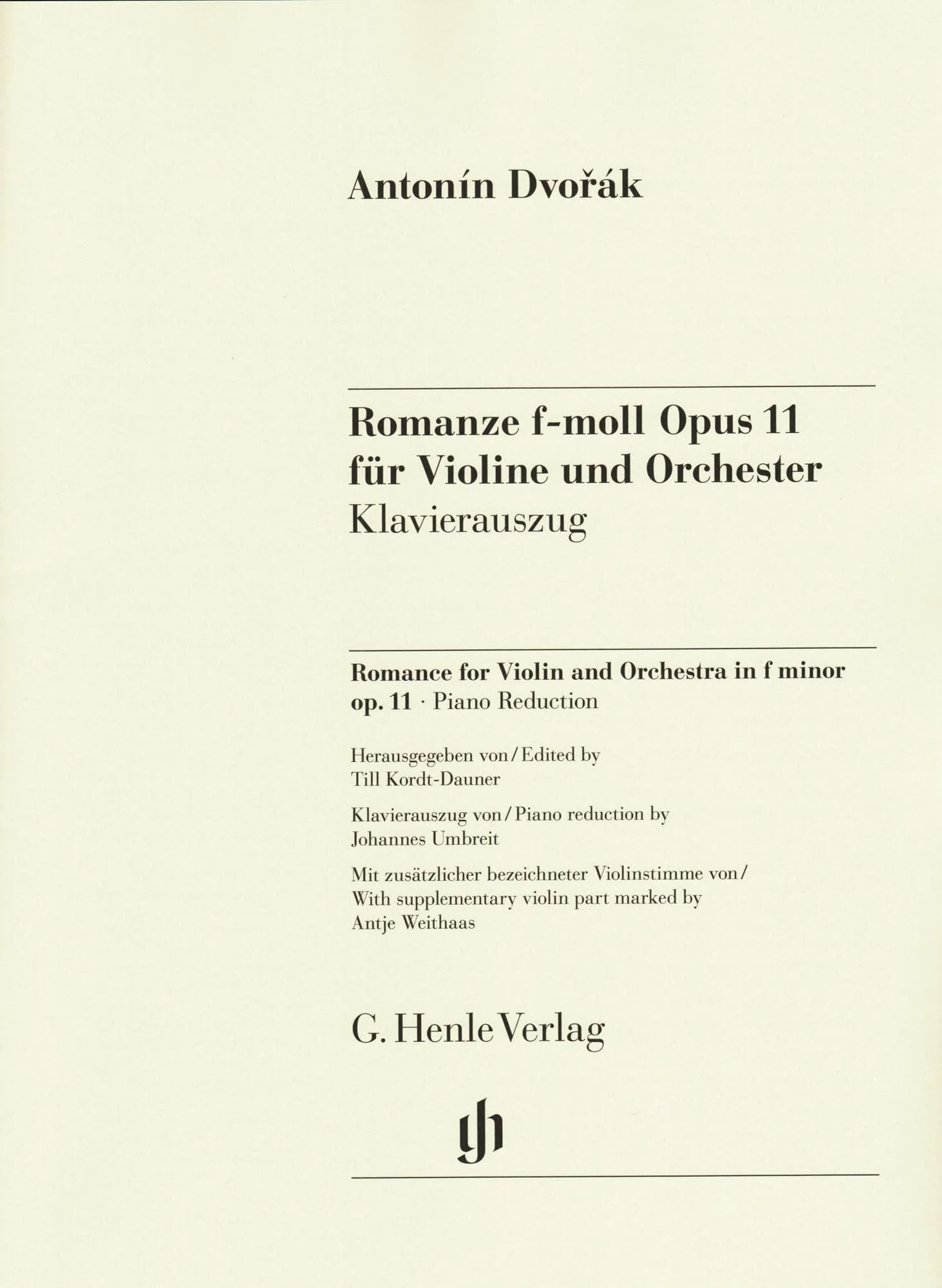 Dvorak, Antonin - Romance for Violin and Orchestra in F minor, op. 11 - for Violin and Piano - G. Henle Verlag URTEXT - Image 2