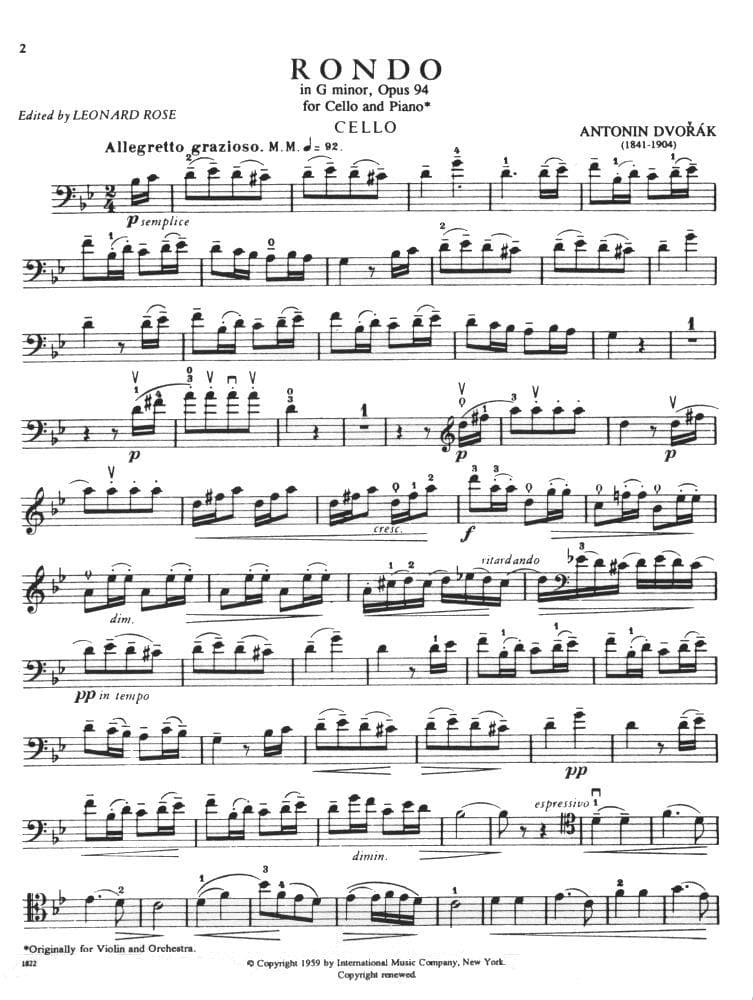 Rondo in G Minor, Op 94 - Dvorak, Antonin - Cello and Piano - edited by Rose - International Music Company - Image 2
