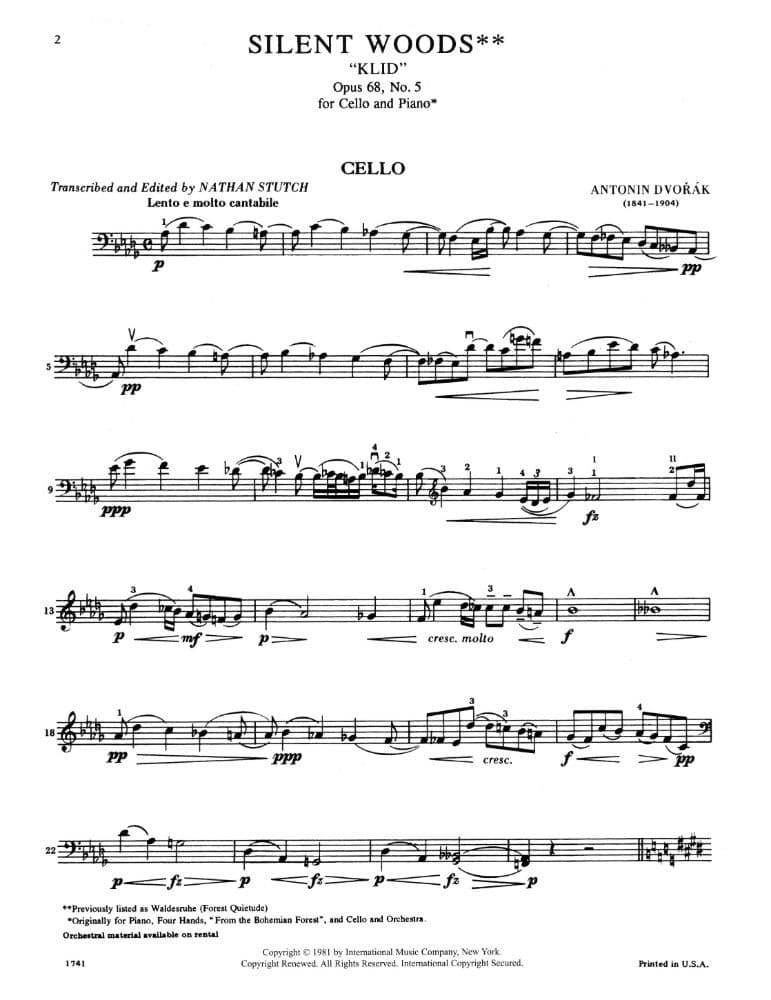 Dvorák, Antonín - Silent Woods ("Klid"), Op 68, No 5 - Cello and Piano - edited by Nathan Stutch - International Edition - Image 2