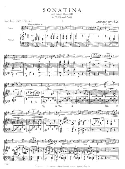 Dvorák, Antonín - Sonatina in G Major, Op 100 - Violin and Piano - edited by Josef Gingold - International Music Company - Image 2