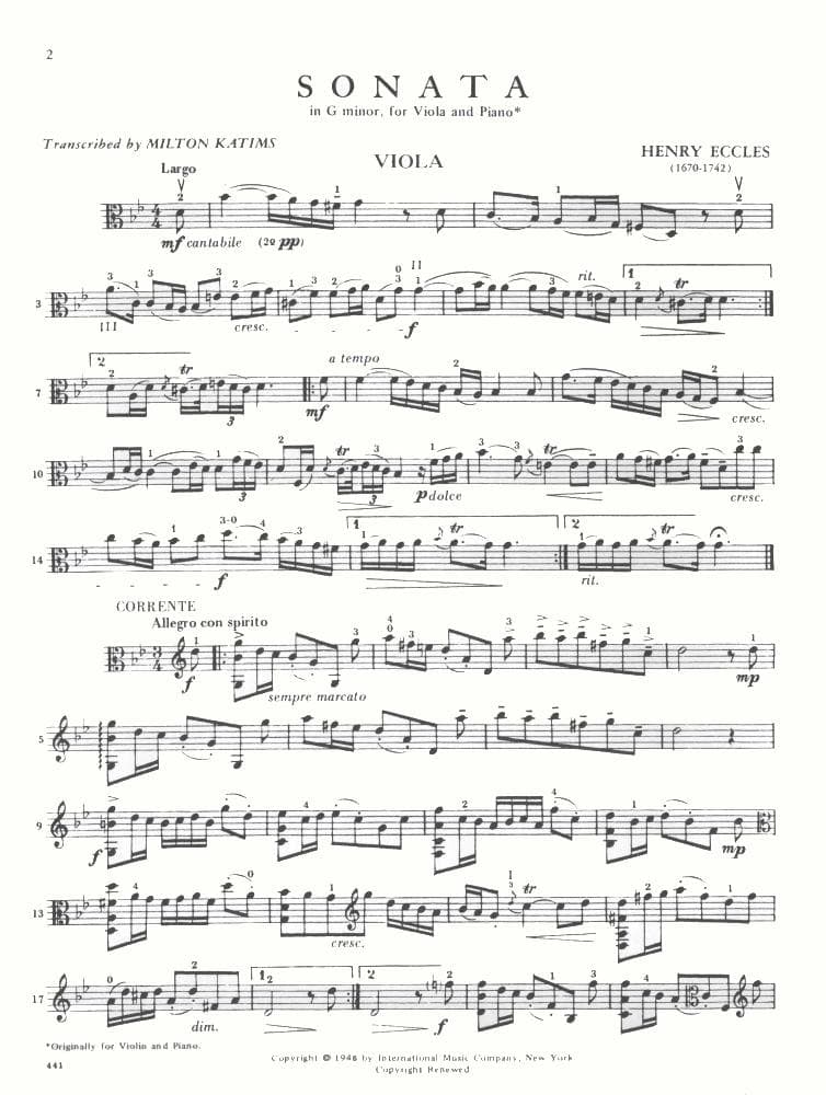 Eccles, Henry - Sonata in g minor - Viola and Piano - edited by Milton Katims - International Edition - Image 2