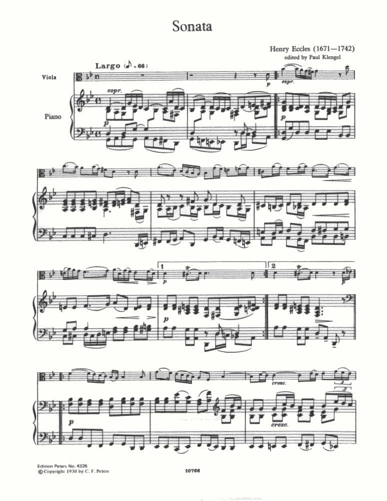 Eccles, Henry - Sonata in g minor - Viola and Piano - edited by Paul Klengel - CF Peters Edition - Image 2