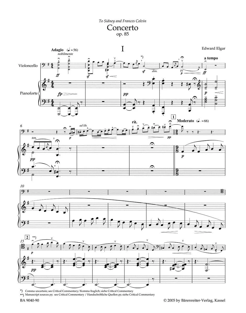 Elgar, Edward - Concerto in e-minor, Op 85 - Cello and Piano - edited by Jonathan Del Mar - Bärenreiter Verlag URTEXT - Image 2