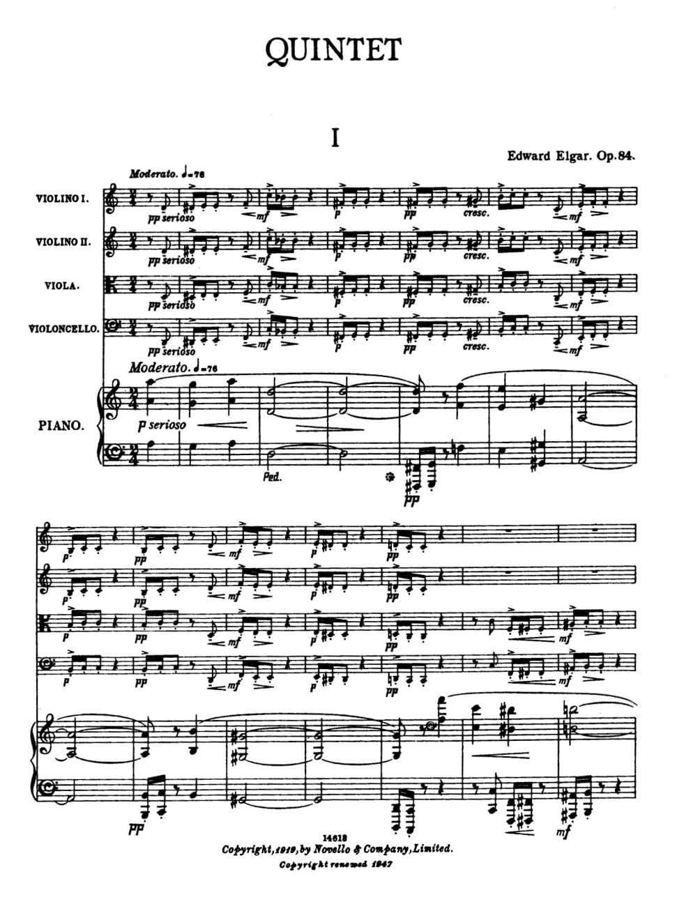 Elgar, Edward - Piano Quintet in a minor, Op 84 - Two Violins, Viola, Cello, and Piano - Novello Edition - Image 2