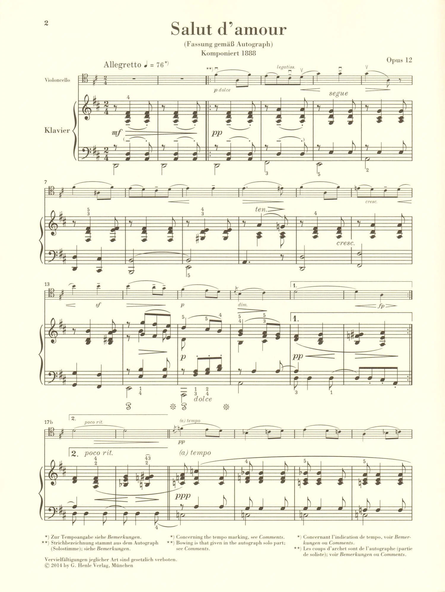 Elgar, Edward - Salut d'amour, Opus 12 - for Cello and Piano - edited by Rupert Marshall-Luck - G Henle URTEXT - Image 5