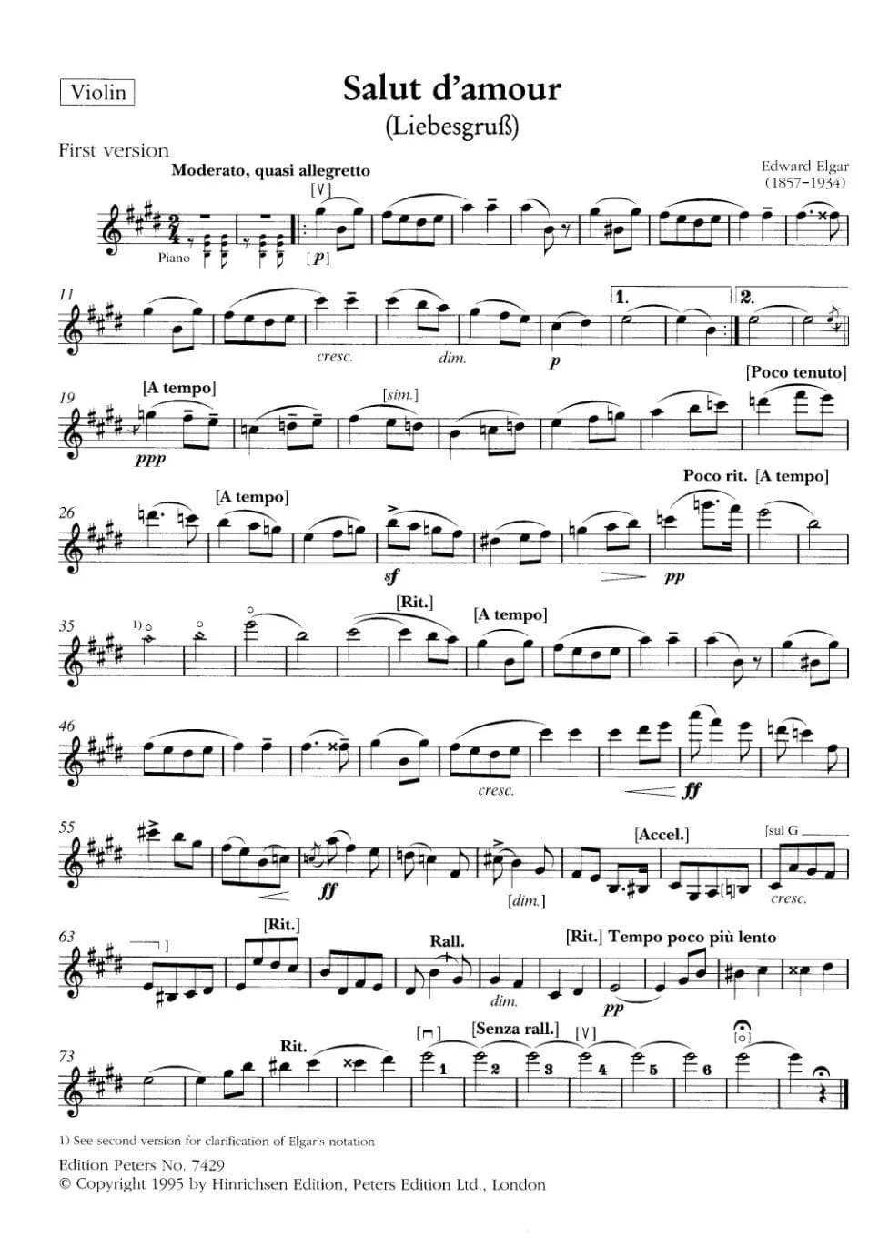 Elgar, Edward - Salut d'amour, Op 12 - Violin and Piano - edited by Donald Burrows - Edition Peters URTEXT - Image 2