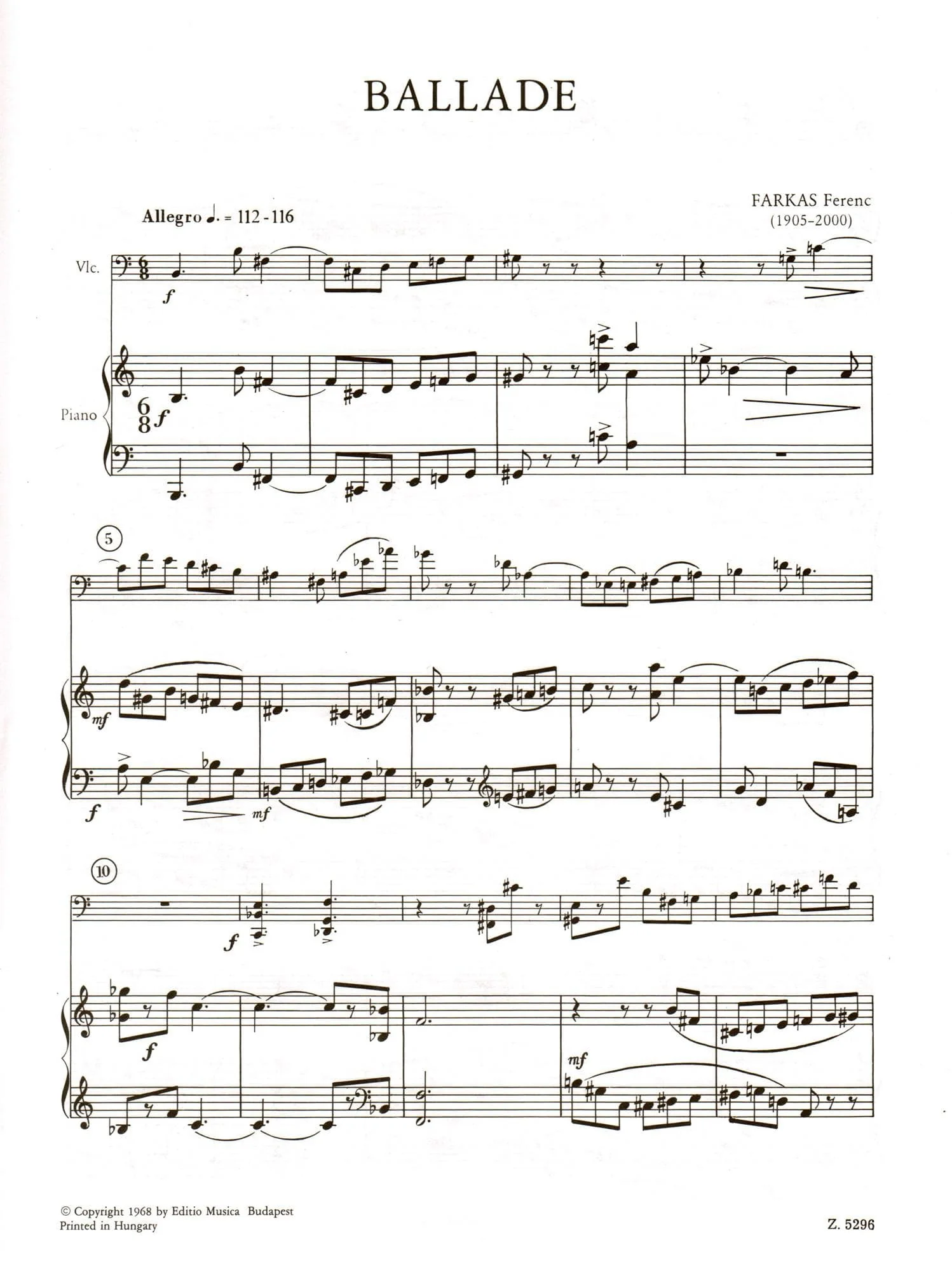 Farkas, Ferenc - Ballade - Cello and Piano - Editio Musica Budapest - Image 2