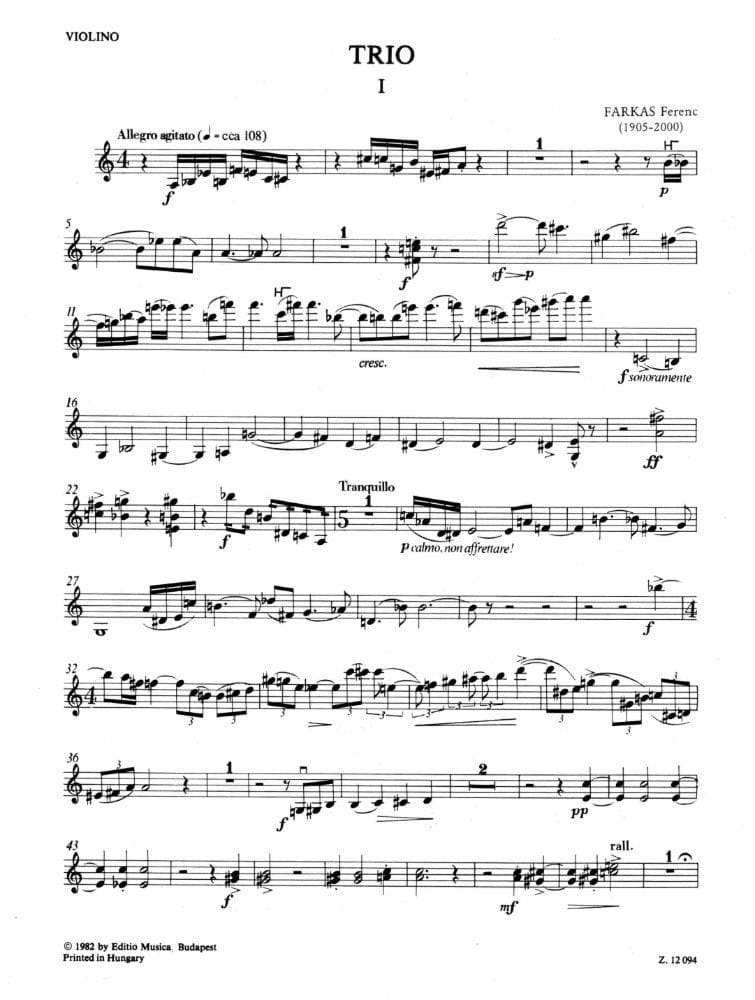 Farkas, Ferenc - Piano Trio - Violin, Cello, and Piano - Score and Parts - Editio Musica Budapest - Image 2