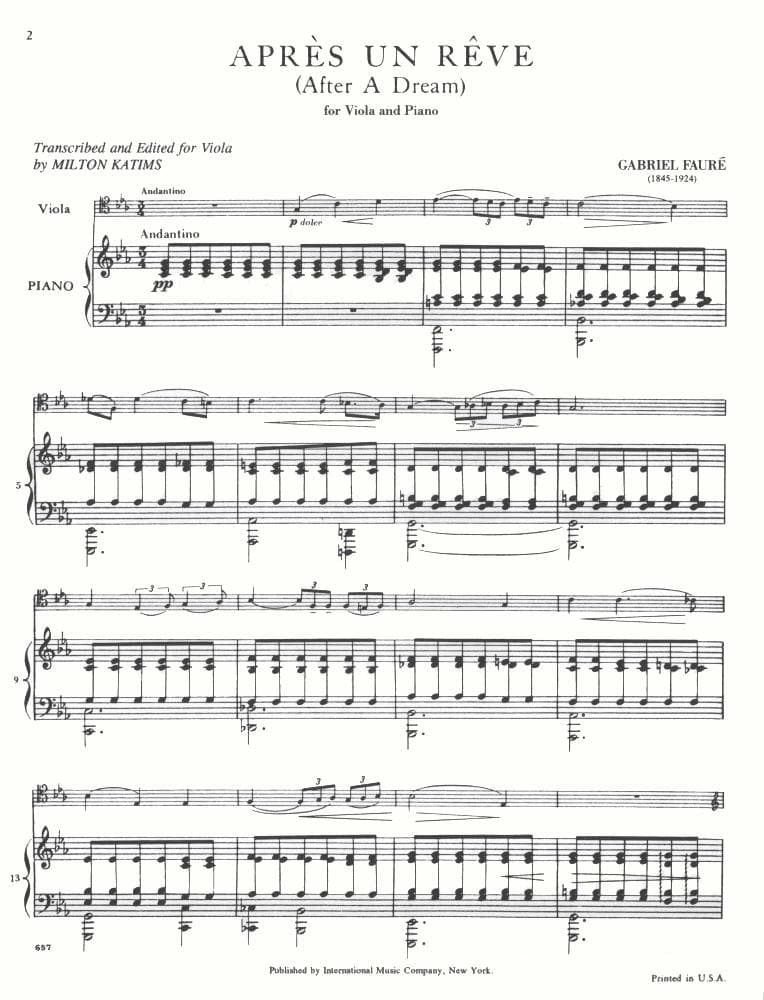 Faure Gabriel - Apres Un Reve ( After a Dream ), Op 7, No 1 - Viola and Piano - edited by Milton Katims - International Edition - Image 2