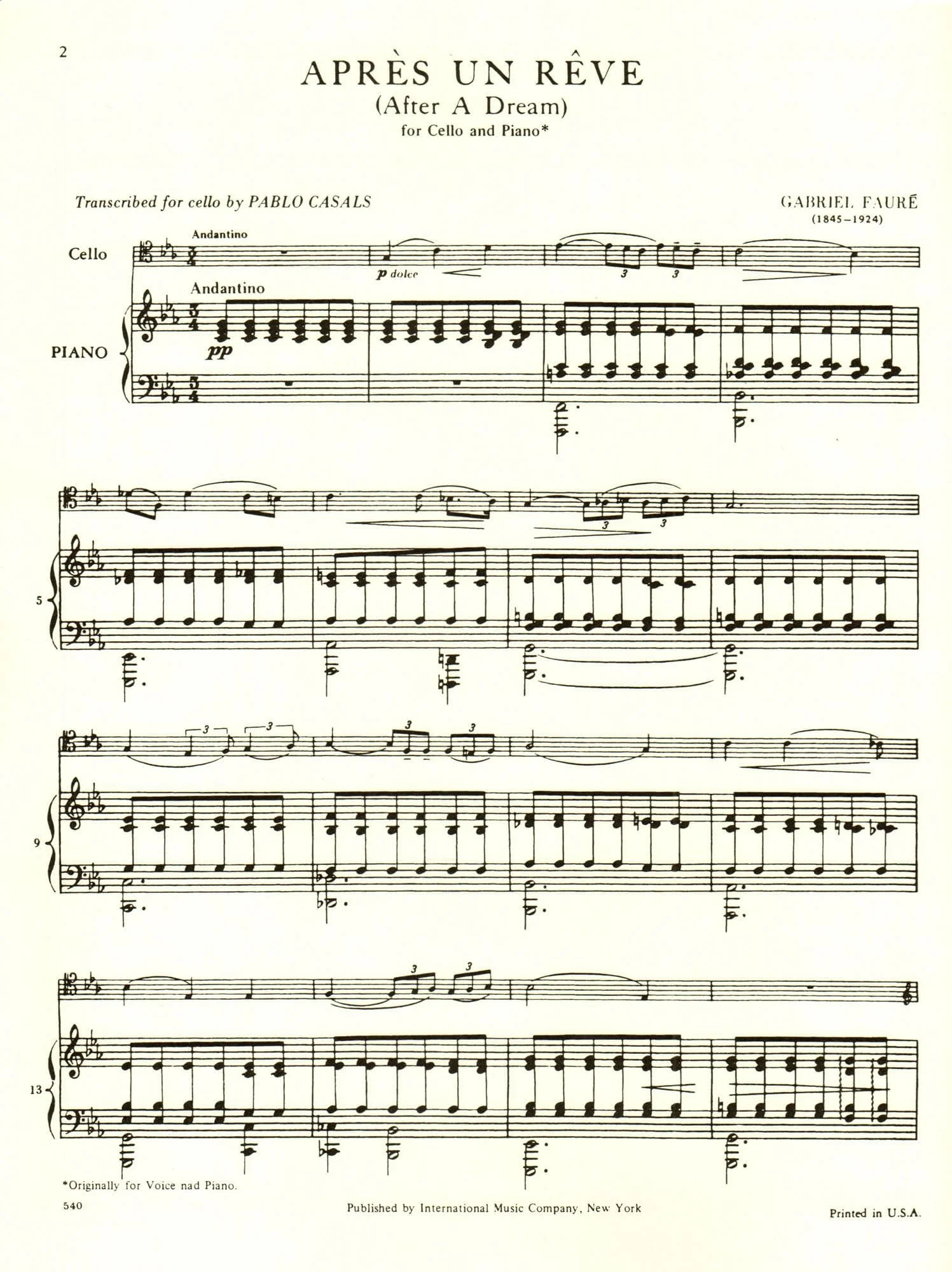 FaurĂ©, Gabriel - AprĂ©s un RĂȘve (After a Dream), Op 7, No 1 - Cello and Piano - edited by Pablo Casals - International Edition - Image 2