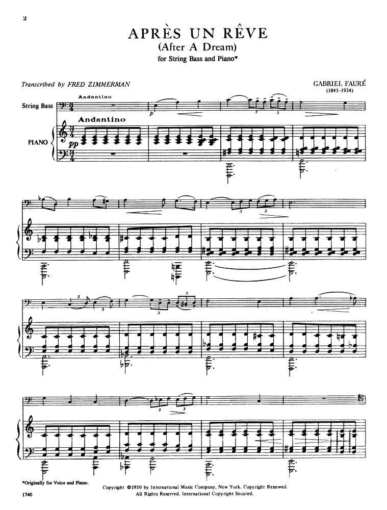 FaurĂ©, Gabriel - AprĂ©s un RĂȘve ( After a Dream ), Op 7, No 1 - Bass and Piano - edited by Fred Zimmermann - International Edition - Image 2