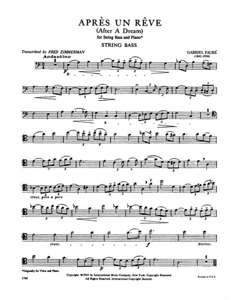 FaurĂ©, Gabriel - AprĂ©s un RĂȘve ( After a Dream ), Op 7, No 1 - Bass and Piano - edited by Fred Zimmermann - International Edition - Image 3