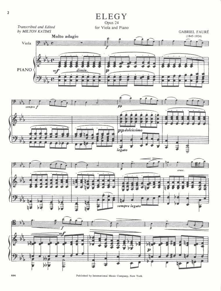 Fauré, Gabriel - Elegy, Op 24 - Viola and Piano - edited by Milton Katims - International Edition - Image 3