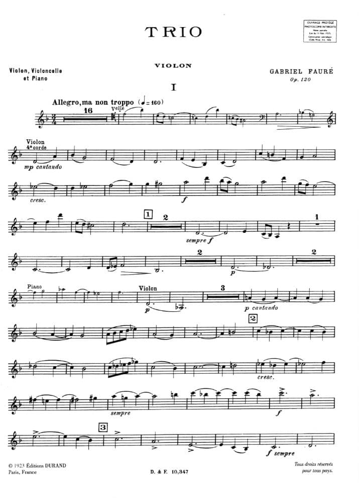 Fauré, Gabriel - Piano Trio in d minor, Op 120 - Violin, Cello, and Piano - Editions Durand - Image 2