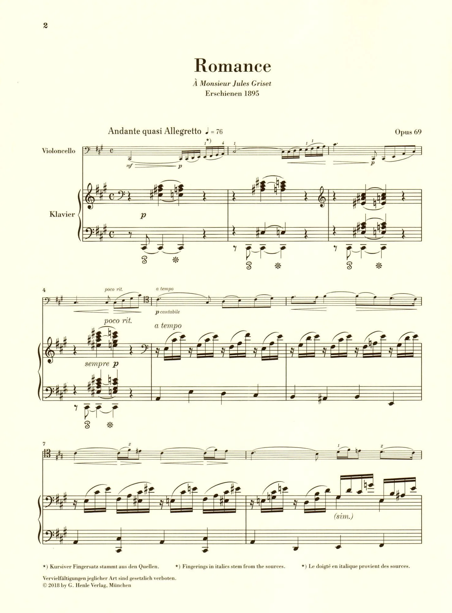Faure, Gabriel - Romance, Op 69 - for Cello and Piano - G Henle Verlag - Image 3
