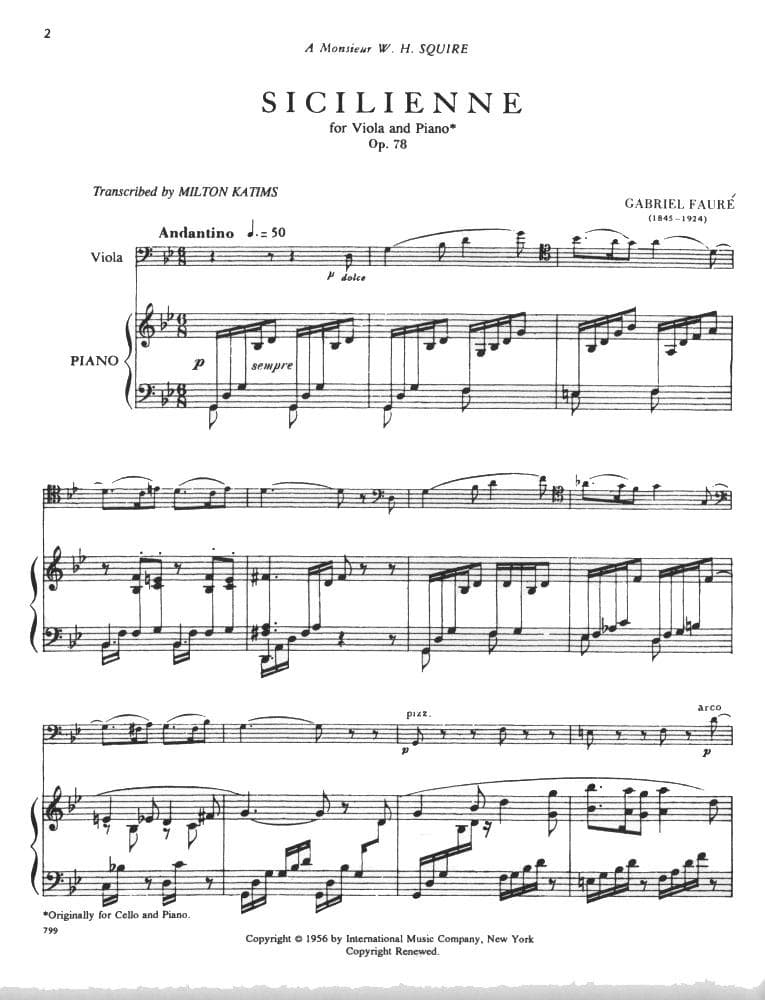 Fauré, Gabriel - Siciliene, Op 78 - Viola and Piano - edited by Milton Katims - International Edition - Image 2