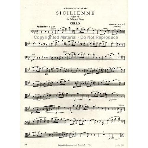 Fauré, Gabriel - Sicilienne, Op 78 - Cello and Piano - International Edition - Image 2
