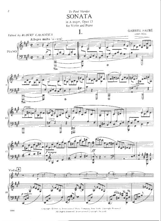 Fauré, Gabriel - Sonata No 1 in A Major, Op 13 - Violin and Piano - edited by Zino Francescatti - International Edition - Image 2