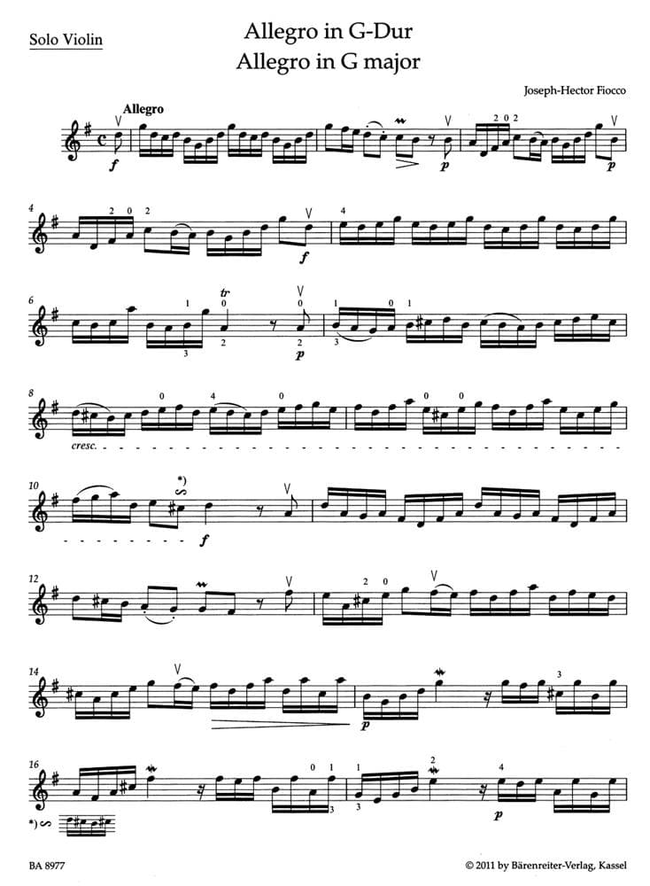 Fiocco, Joseph-Hector - Allegro in G Major for Violin and Piano - arranged by Kurt Sassmannshaus - Bärenreiter - Image 2