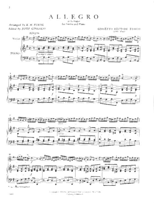 Fiocco, Joseph-Hector - Allegro - Violin and Piano - edited by Josef Gingold - International Edition - Image 2