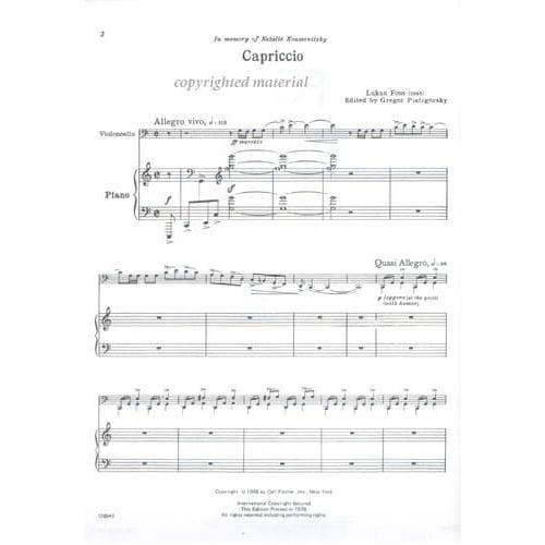 Foss, Lukas - Capriccio - Cello and Piano - edited by Gregor Piatigorsky - Carl Fischer Edition - Image 2