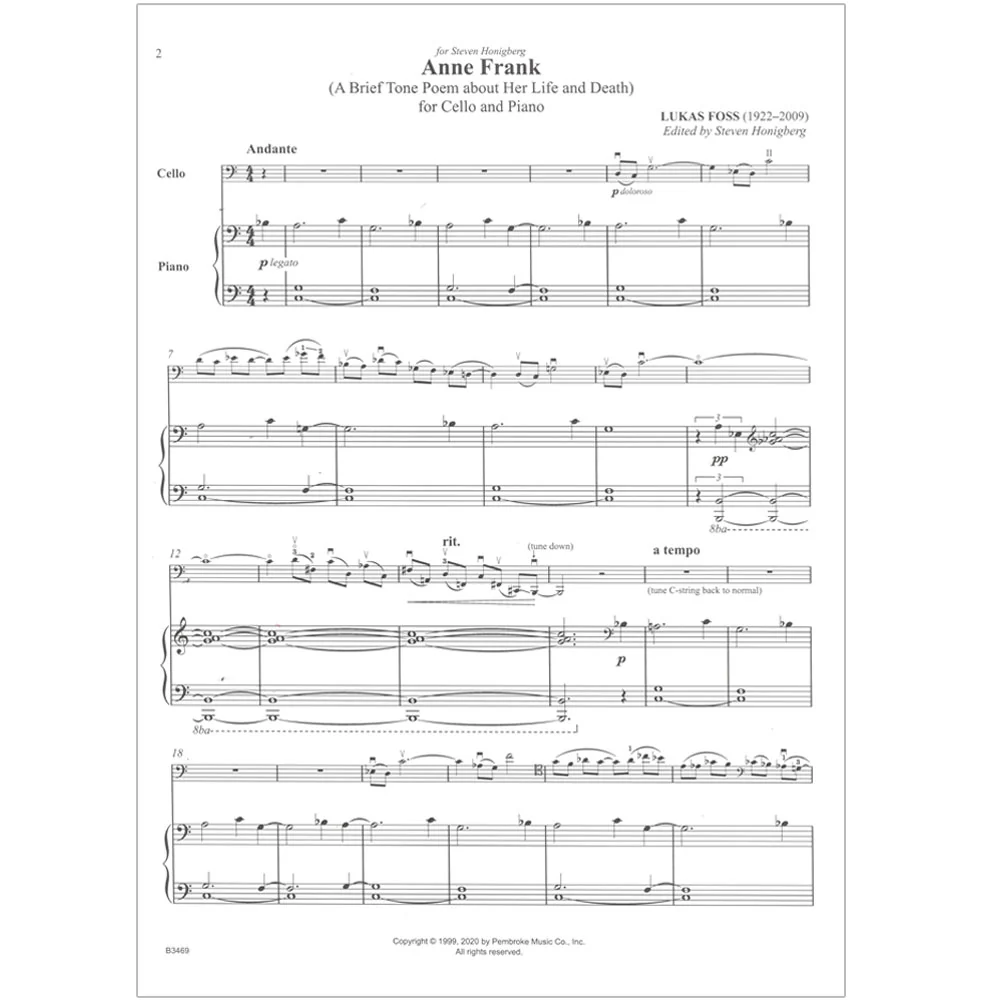 Foss, Lukas - Anne Frank (A Brief Tone Poem about Her Life and Death) - Cello and Piano - Carl Fischer - Image 3