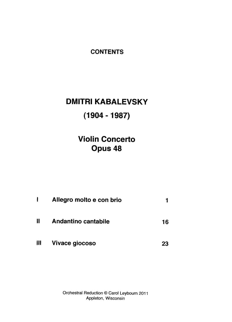 Kabalevsky, Dmitri - Violin Concerto in C major, Op. 48 - PIANO ACCOMPANIMENT ONLY - arranged by Carol Leybourn - Frustrated Accompanist Edition - Image 2
