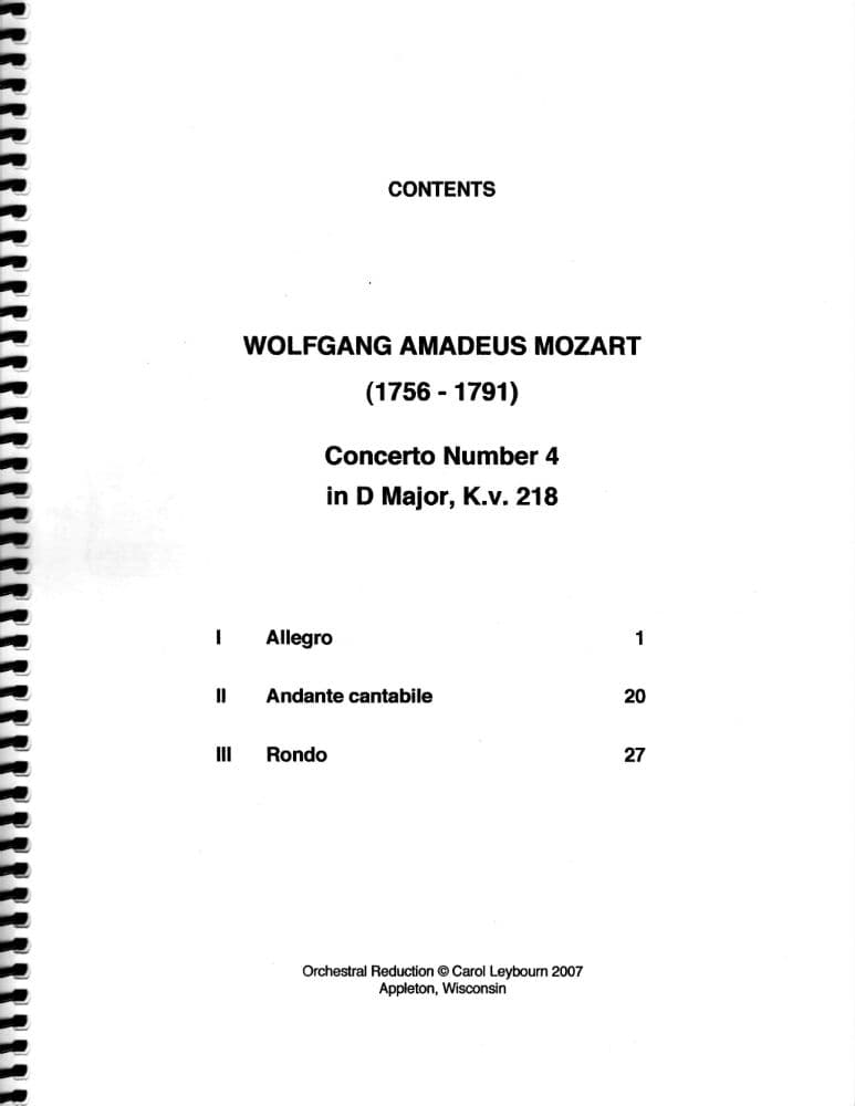 Mozart, WA - Violin Concerto No 4 in D Major, K 218 - PIANO ACCOMPANIMENT ONLY - arranged by Carol Leybourn - Frustrated Accompanist Edition - Image 2