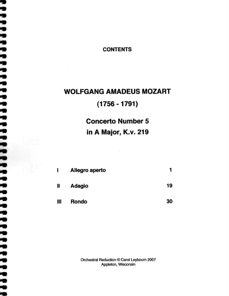 Mozart, WA - Violin Concerto No 5 in A Major, K 219 - PIANO ACCOMPANIMENT ONLY - arranged by Carol Leybourn - Frustrated Accompanist Edition - Image 2