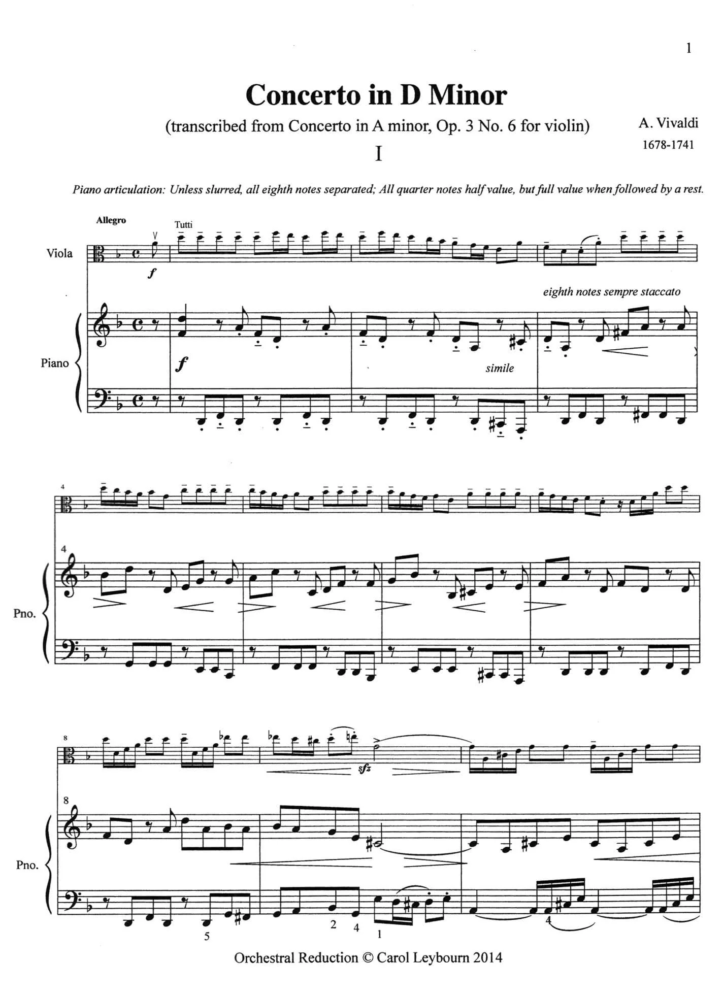 Viola Concertos (Volume 1) - Vivaldi, J.C. Bach, Telemann, Handel, Stamitz - PIANO ACCOMPANIMENT ONLY - arranged by Carol Leybourn - Frustrated Accompanist Edition - Image 3