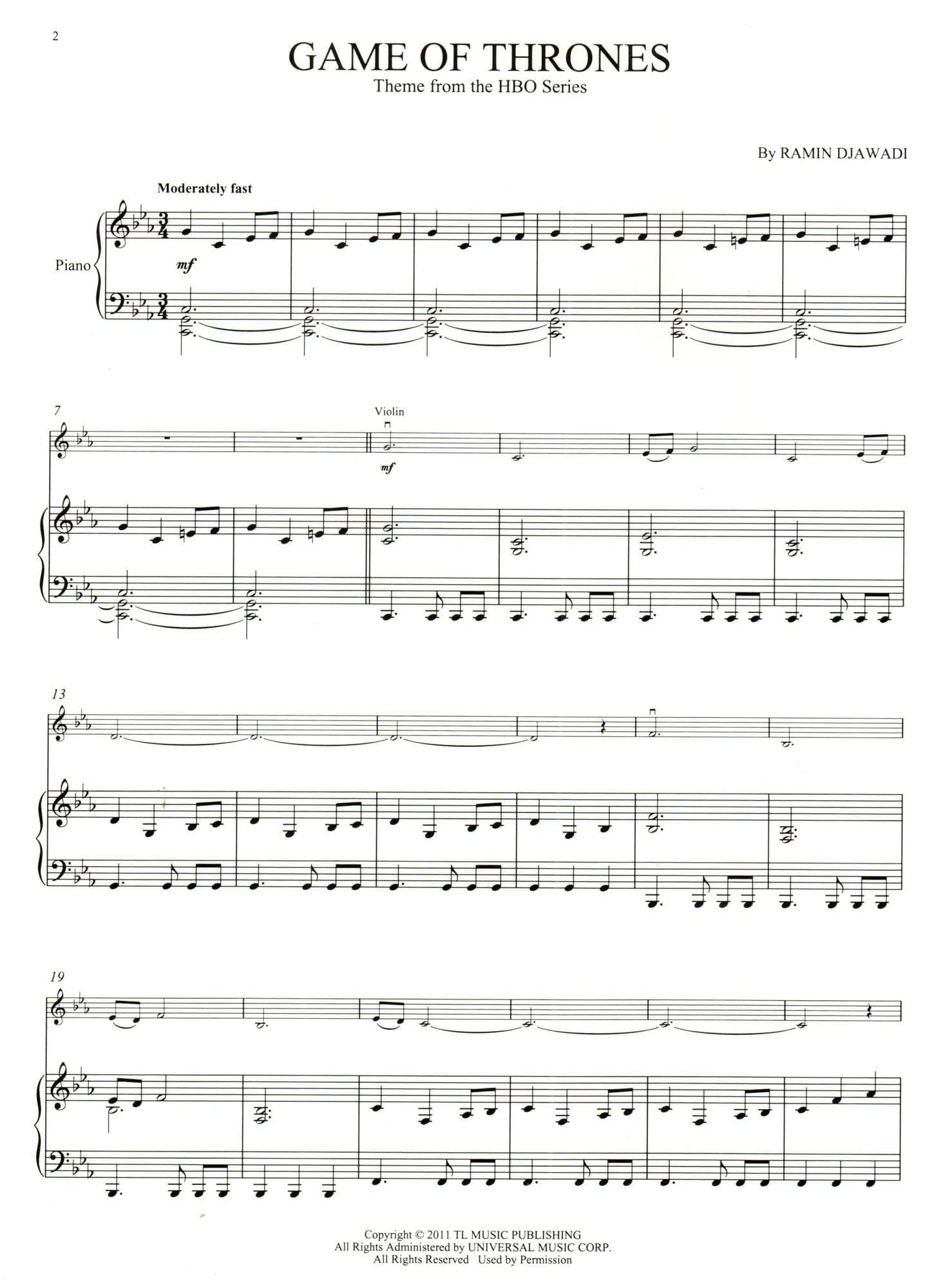 Game of Thrones Theme - for Violin and Piano - Hal Leonard - Image 2