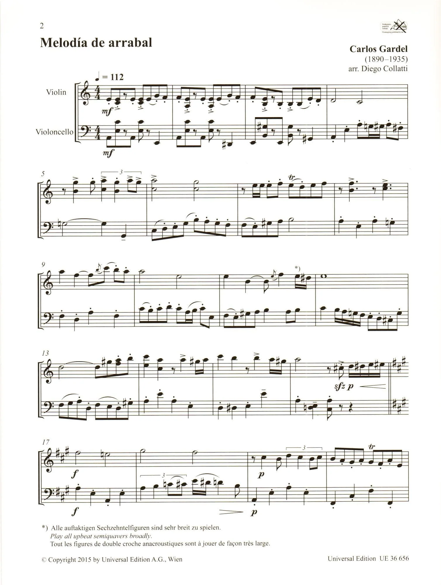 Carlos Gardel - Tango Duets - for Violin and Cello (or Viola) - arranged by Diego Collatti - Universal Edition - Image 4
