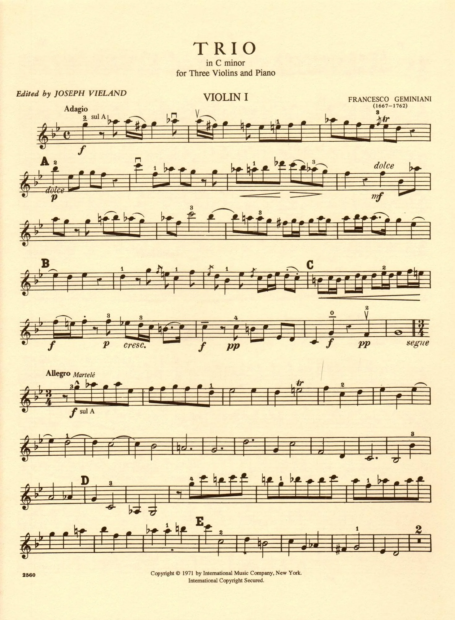 Geminiani, Francesco - Trio in c minor - Three Violins and Piano - edited by Joseph Vieland - International Edition - Image 3