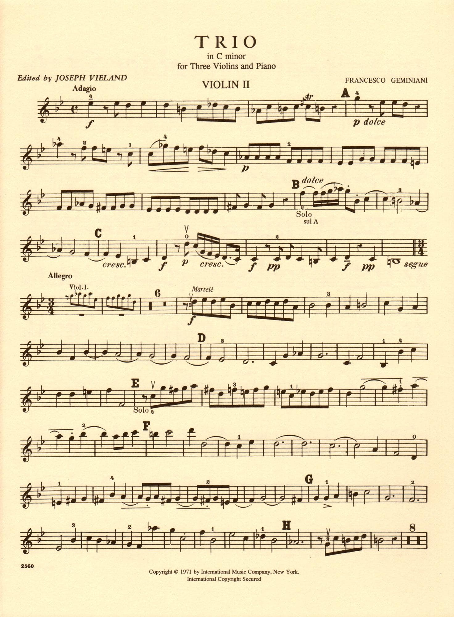 Geminiani, Francesco - Trio in c minor - Three Violins and Piano - edited by Joseph Vieland - International Edition - Image 4