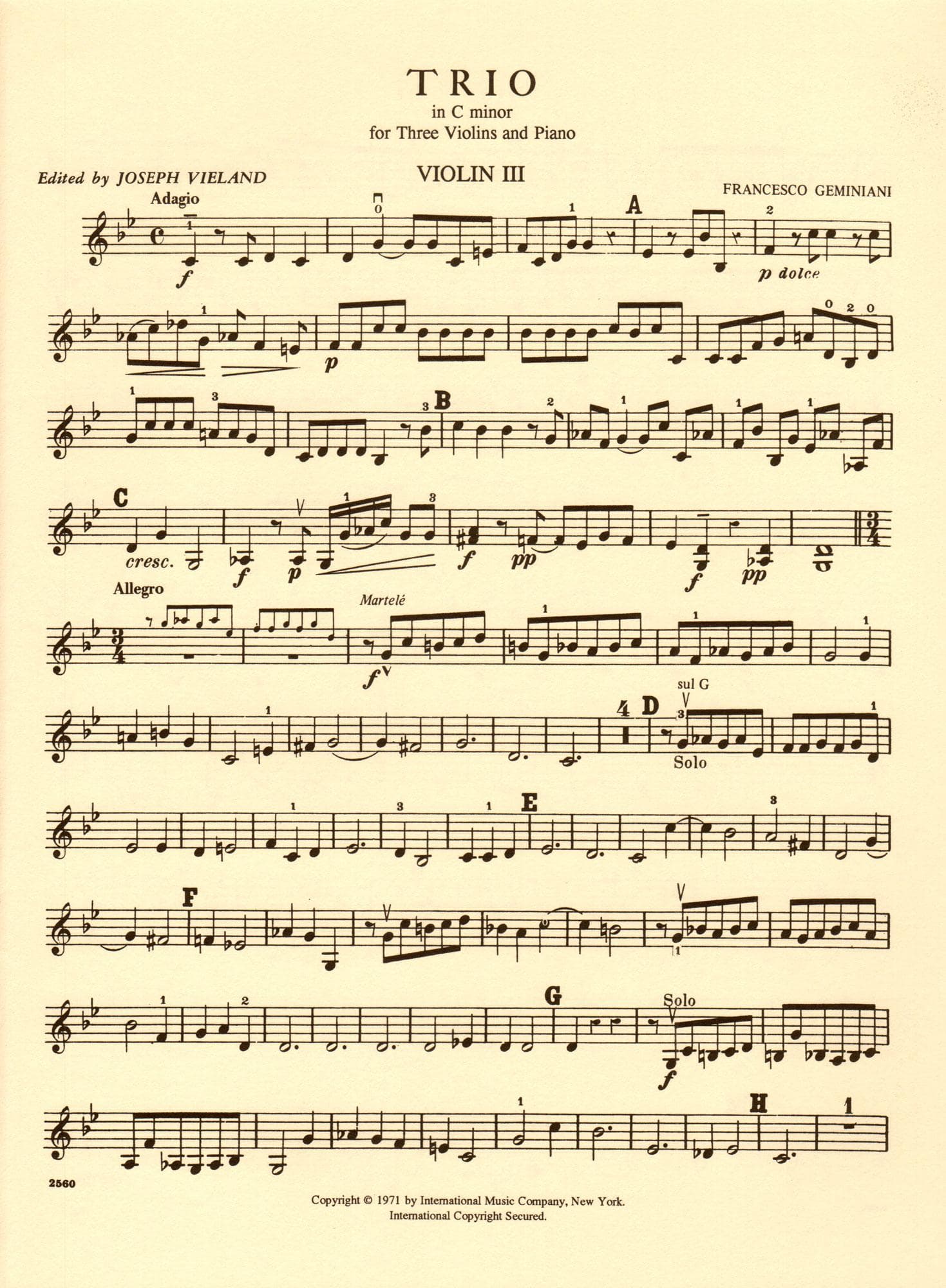 Geminiani, Francesco - Trio in c minor - Three Violins and Piano - edited by Joseph Vieland - International Edition - Image 5