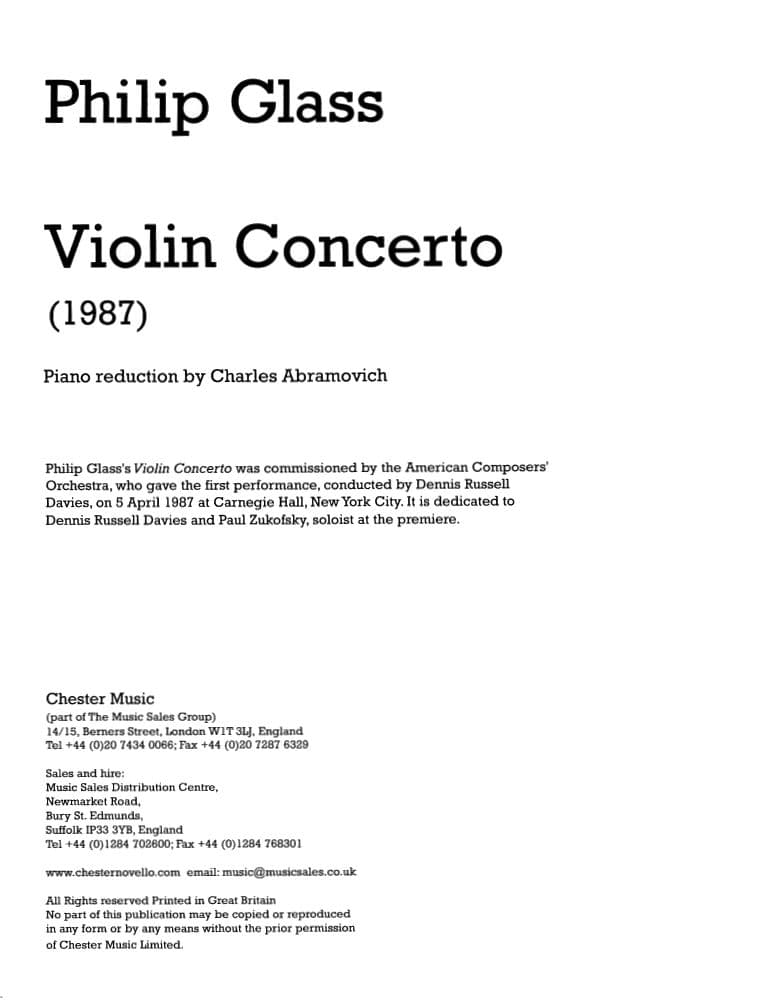 Glass, Philip - Violin Concerto (1987) - for Violin and Piano - Chester Music Edition - Image 2